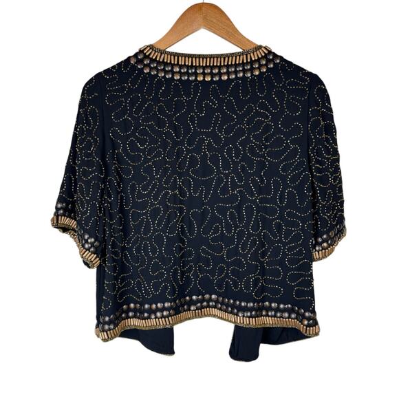 Hazel Black Chiffon Studded Beaded Gold Short Sleeve Evening Layering Jacket - Picture 5 of 11